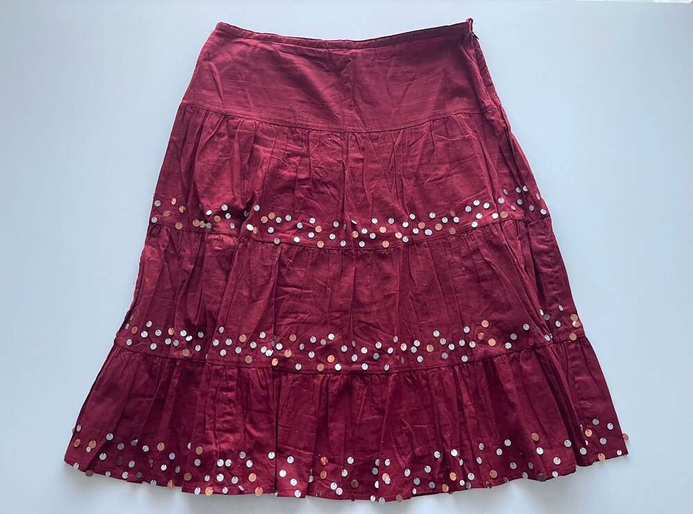 Tramp Maroon Tiered Sequin Embellished Cotton Skirt Size M